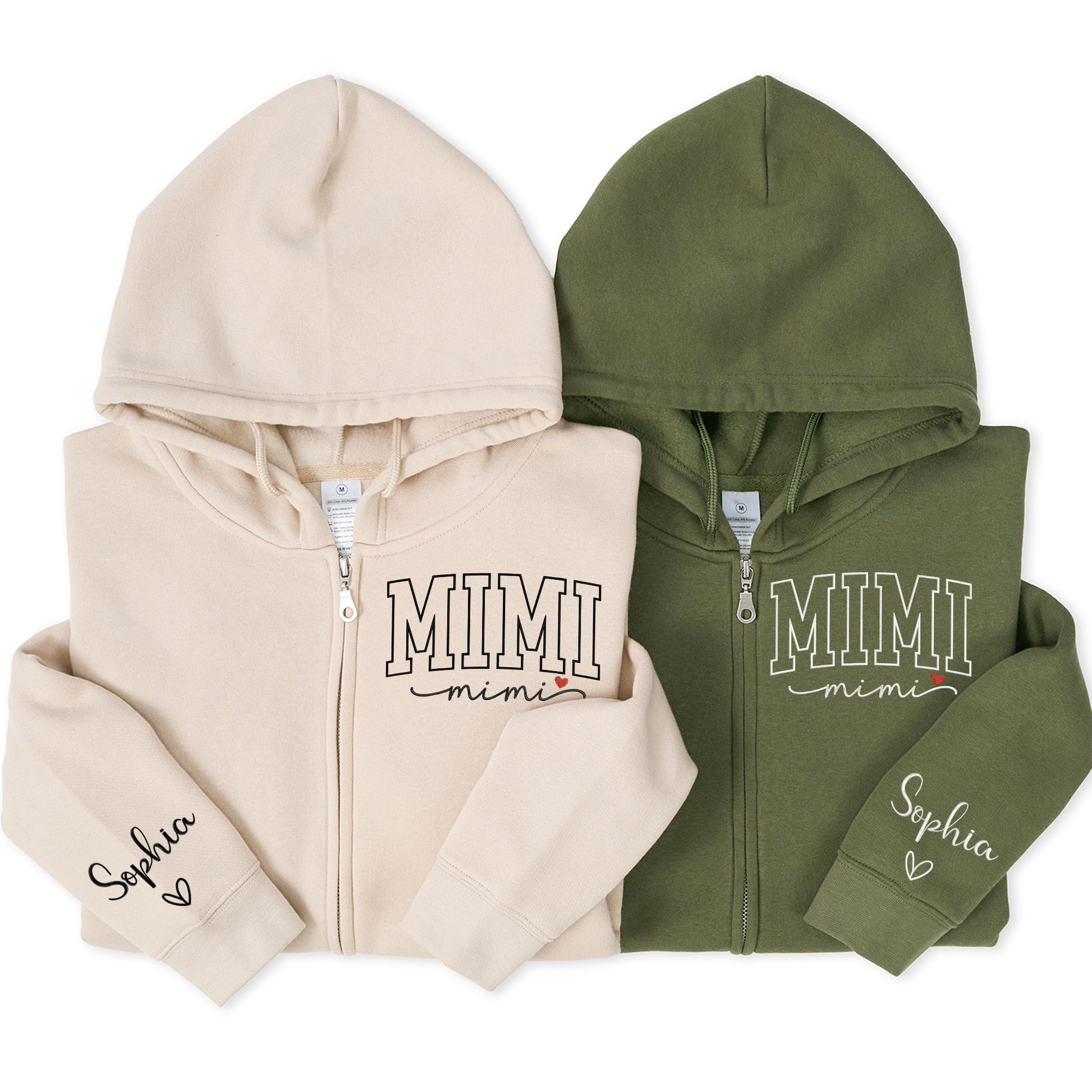 Personalized Mimi Embroidered Zip Hoodie, Custom Grandma Name Sleeve, Full Zip Hooded Sweatshirt for Women, Cozy Family Wear for Mother Day Birthday Holiday