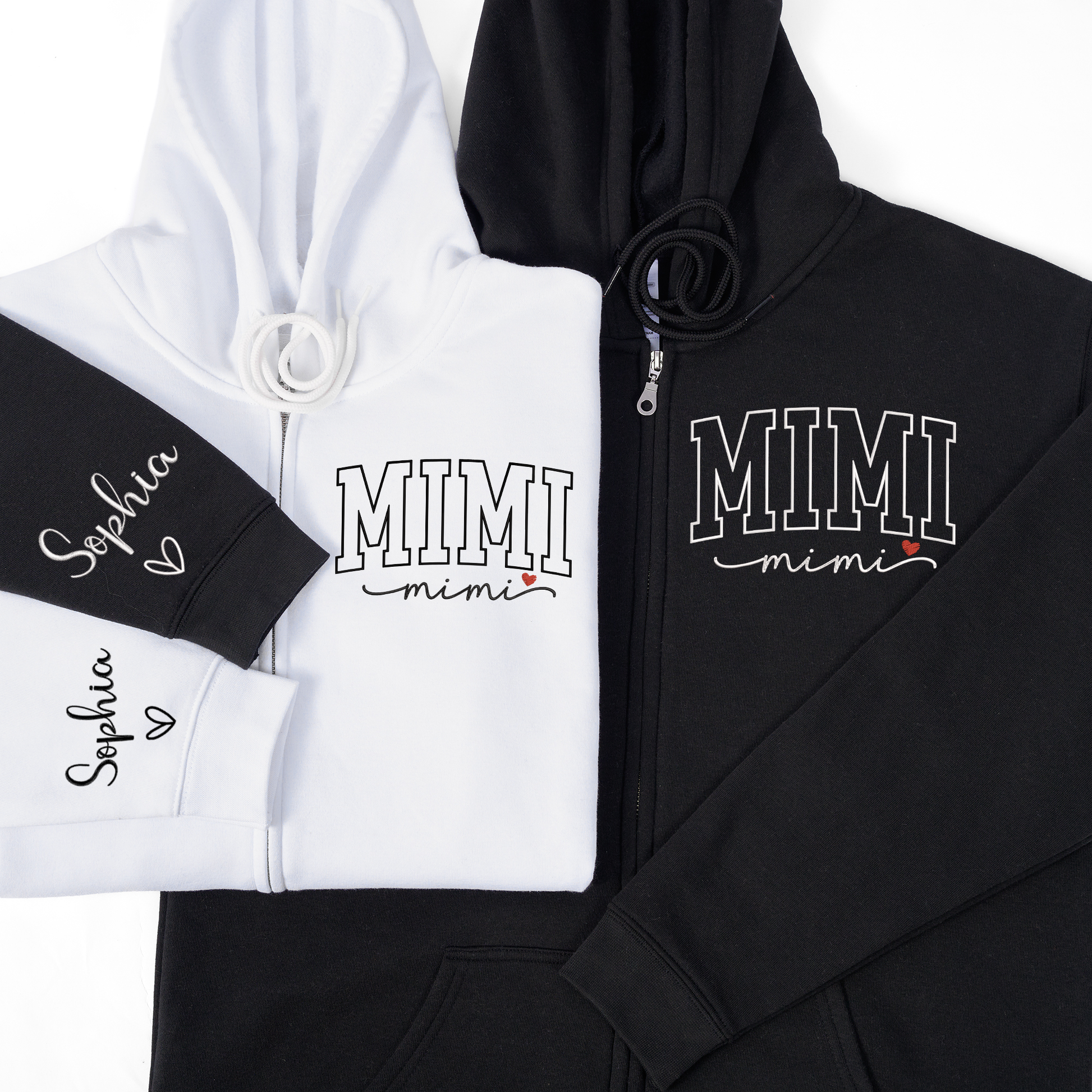 Personalized Mimi Embroidered Zip Hoodie, Custom Grandma Name Sleeve, Full Zip Hooded Sweatshirt for Women, Cozy Family Wear for Mother Day Birthday Holiday