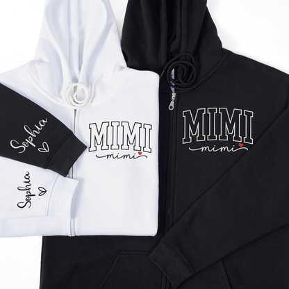Personalized Mimi Embroidered Zip Hoodie, Custom Grandma Name Sleeve, Full Zip Hooded Sweatshirt for Women, Cozy Family Wear for Mother Day Birthday Holiday