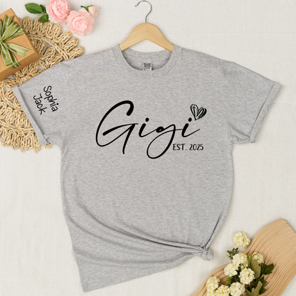 Personalized Gigi EST. 2025 T-Shirt with Custom Names for Family - Unique Gift for Grandma, Mom, or Loved Ones