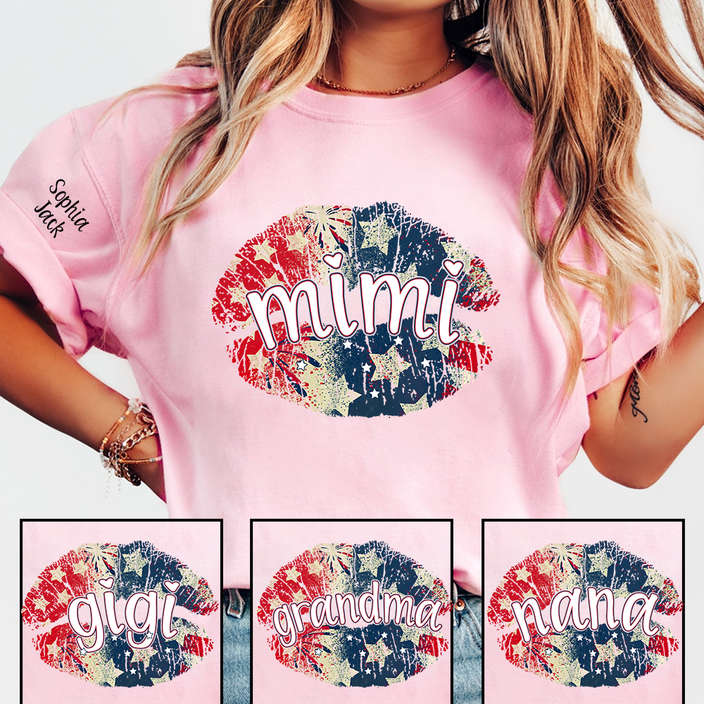 Personalized Mimi Gigi Nana Grandma Patriotic Lips Shirt Custom Kids Names Sleeve Red White Blue America Pride Graphic Tee Women Family Celebration Fourth of July Patriotic Lips Design Top