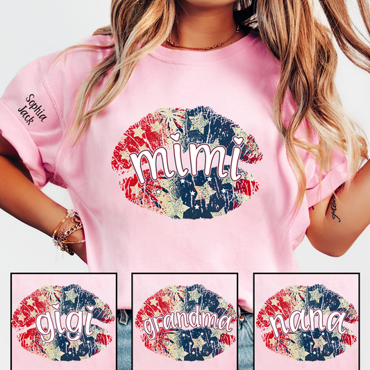 Personalized Mimi Gigi Nana Grandma Patriotic Lips Shirt Custom Kids Names Sleeve Red White Blue America Pride Graphic Tee Women Family Celebration Fourth of July Patriotic Lips Design Top
