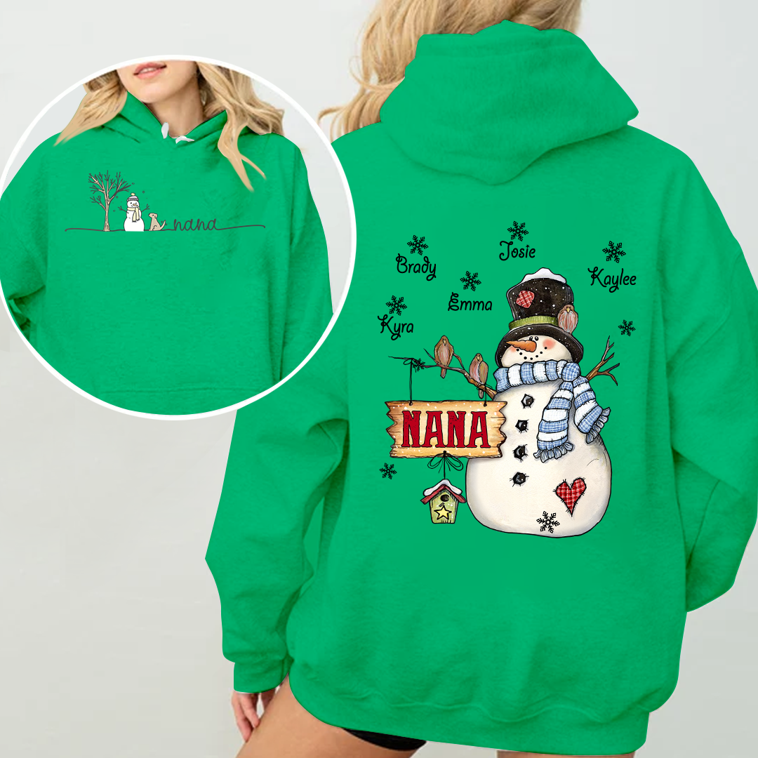 Custom Nana Snowman Hoodie - Personalized Grandma Christmas Sweatshirt with Grandkids' Names - Cozy Winter Holiday Gift