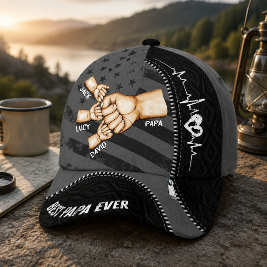 Custom Trucker Hat for Papa – Fist Bump Design with Kids' Names and Heartbeat, Ideal Father’s Day Gift