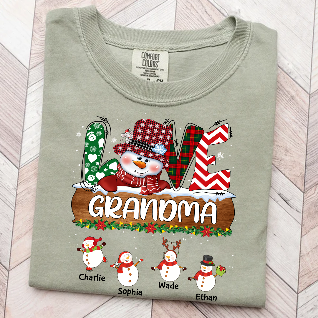 Comfort Colors® Personalized Grandma Christmas Shirt with Snowman and Kids’ Names