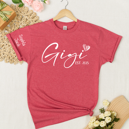 Personalized Gigi EST. 2025 T-Shirt with Custom Names for Family - Unique Gift for Grandma, Mom, or Loved Ones