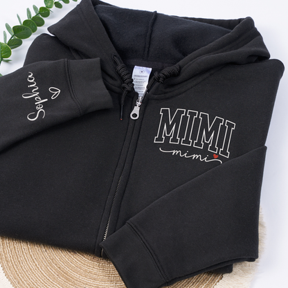 Personalized Mimi Embroidered Zip Hoodie, Custom Grandma Name Sleeve, Full Zip Hooded Sweatshirt for Women, Cozy Family Wear for Mother Day Birthday Holiday