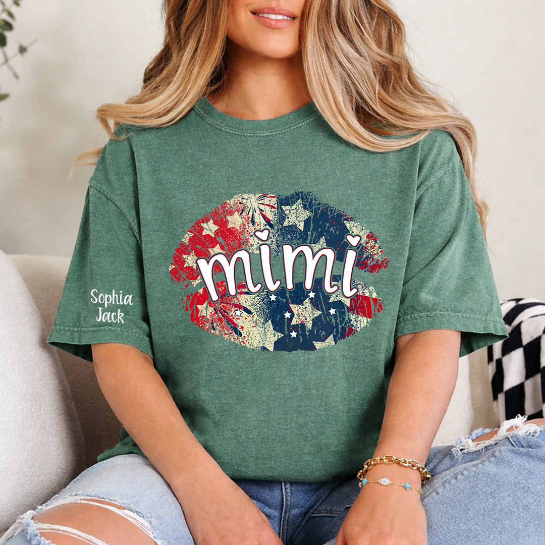 Personalized Mimi Gigi Nana Grandma Patriotic Lips Shirt Custom Kids Names Sleeve Red White Blue America Pride Graphic Tee Women Family Celebration Fourth of July Patriotic Lips Design Top