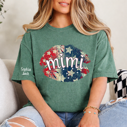 Personalized Mimi Gigi Nana Grandma Patriotic Lips Shirt Custom Kids Names Sleeve Red White Blue America Pride Graphic Tee Women Family Celebration Fourth of July Patriotic Lips Design Top