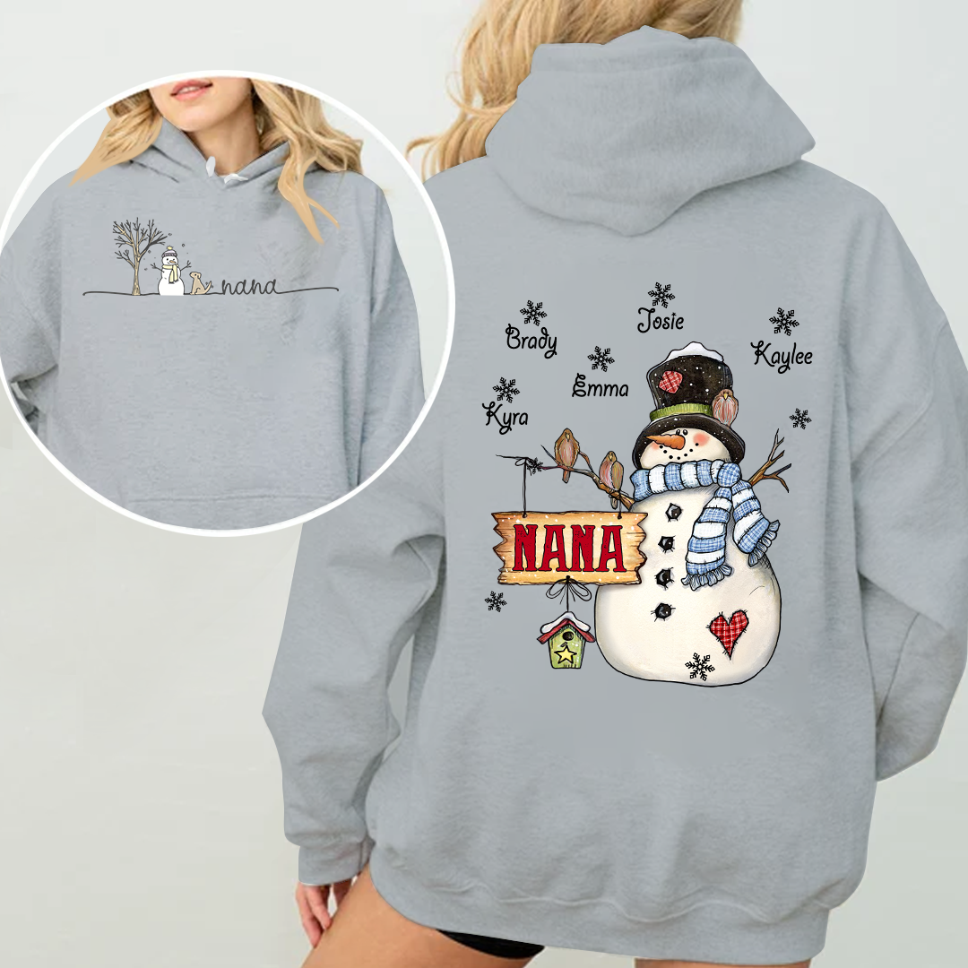 Custom Nana Snowman Hoodie - Personalized Grandma Christmas Sweatshirt with Grandkids' Names - Cozy Winter Holiday Gift