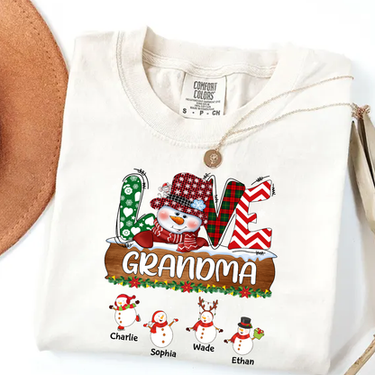 Comfort Colors® Personalized Grandma Christmas Shirt with Snowman and Kids’ Names