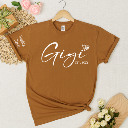 Personalized Gigi EST. 2025 T-Shirt with Custom Names for Family - Unique Gift for Grandma, Mom, or Loved Ones