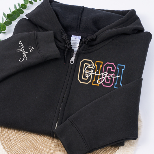 Personalized GIGI Zip Hoodie, Custom Grandma Name Sweatshirt with Sleeve Script, Oversized Full Zip Hoodie for Women, Cozy Casual Family Apparel
