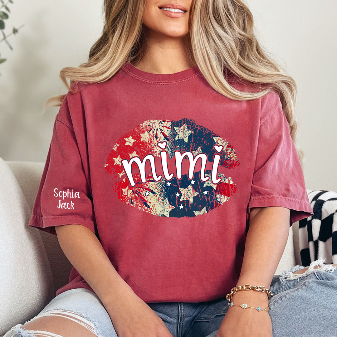 Personalized Mimi Gigi Nana Grandma Patriotic Lips Shirt Custom Kids Names Sleeve Red White Blue America Pride Graphic Tee Women Family Celebration Fourth of July Patriotic Lips Design Top