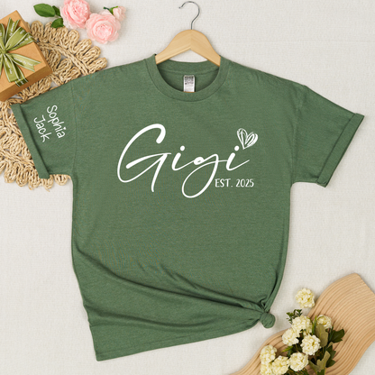 Personalized Gigi EST. 2025 T-Shirt with Custom Names for Family - Unique Gift for Grandma, Mom, or Loved Ones