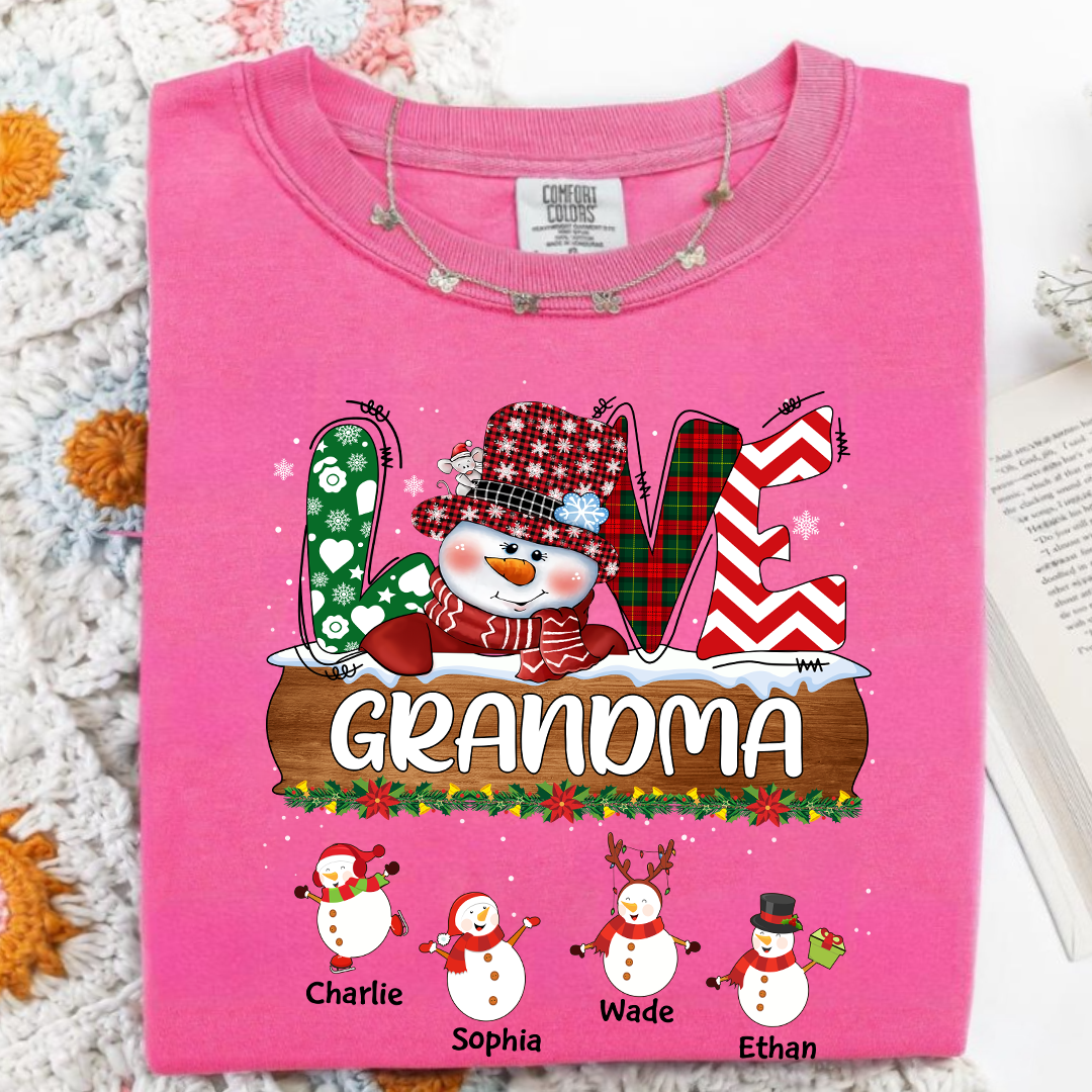 Comfort Colors® Personalized Grandma Christmas Shirt with Snowman and Kids’ Names