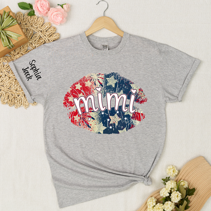 Personalized Mimi Gigi Nana Grandma Patriotic Lips Shirt Custom Kids Names Sleeve Red White Blue America Pride Graphic Tee Women Family Celebration Fourth of July Patriotic Lips Design Top