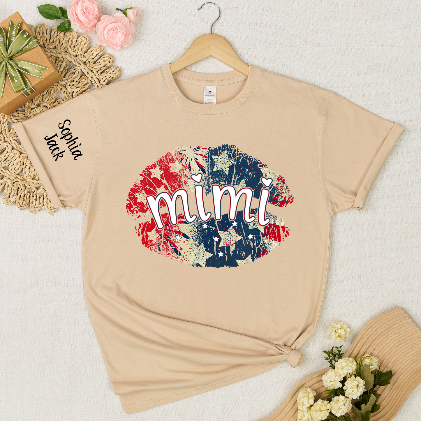 Personalized Mimi Gigi Nana Grandma Patriotic Lips Shirt Custom Kids Names Sleeve Red White Blue America Pride Graphic Tee Women Family Celebration Fourth of July Patriotic Lips Design Top