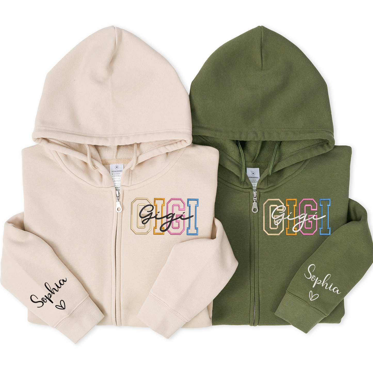 Personalized GIGI Zip Hoodie, Custom Grandma Name Sweatshirt with Sleeve Script, Oversized Full Zip Hoodie for Women, Cozy Casual Family Apparel