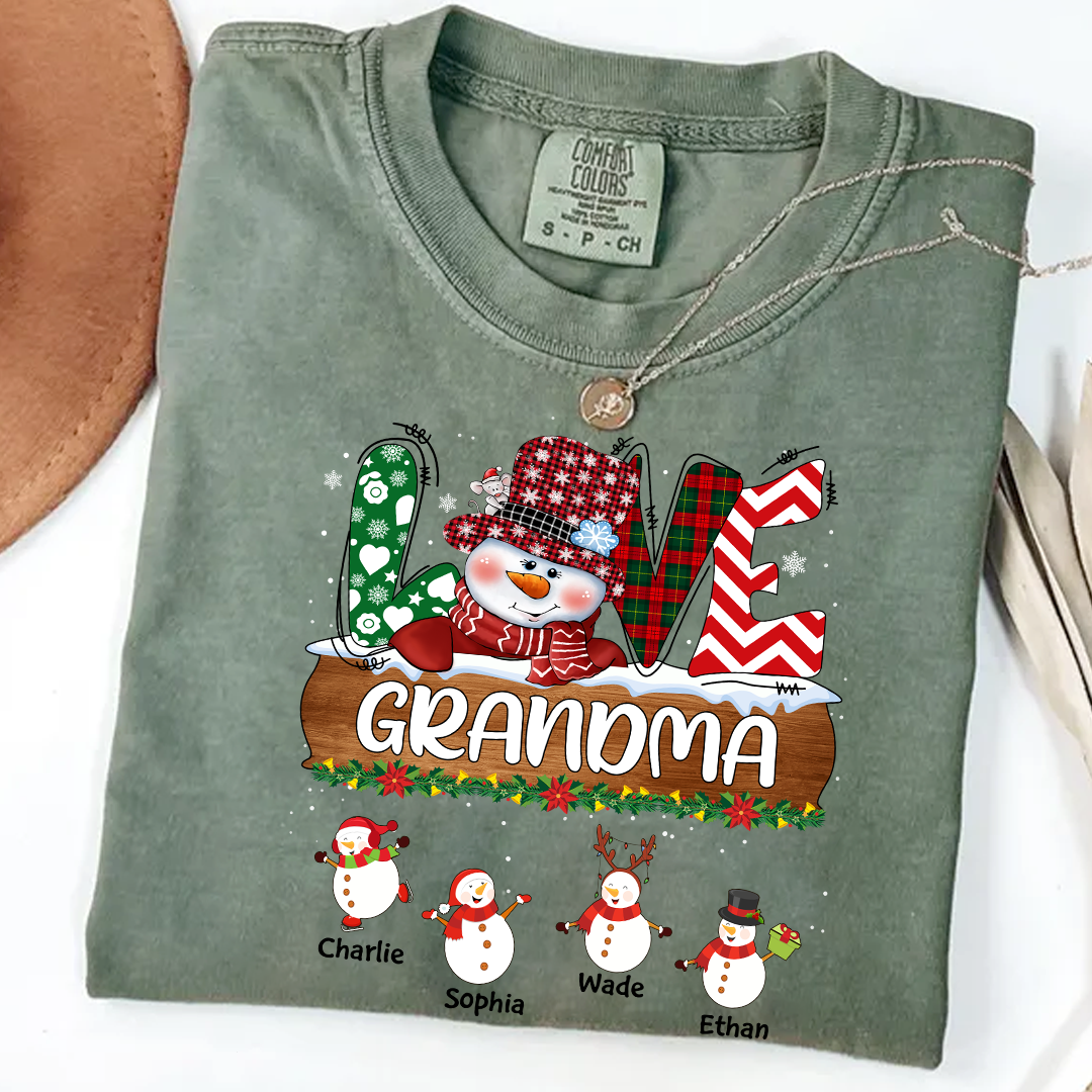 Comfort Colors® Personalized Grandma Christmas Shirt with Snowman and Kids’ Names