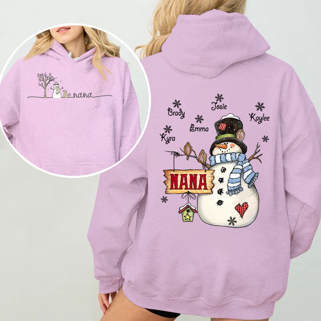 Custom Nana Snowman Hoodie - Personalized Grandma Christmas Sweatshirt with Grandkids' Names - Cozy Winter Holiday Gift