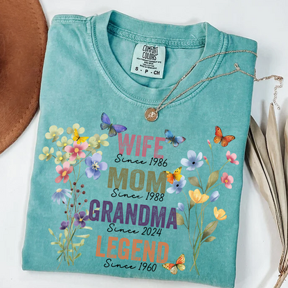 Personalized Wife Mom Grandma Legend Shirt – Custom Years Floral Butterfly Design Gift for Her