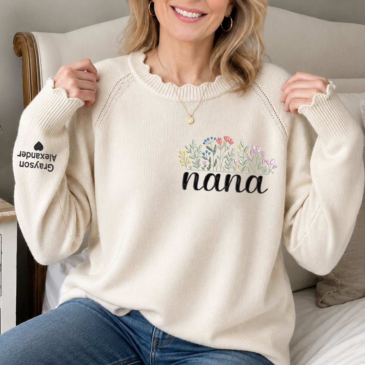 Embroidered Nana Wildflower Knit Sweater, Personalized Puff Sleeve Crewneck, Custom Sleeve Personalization, Nana Gift