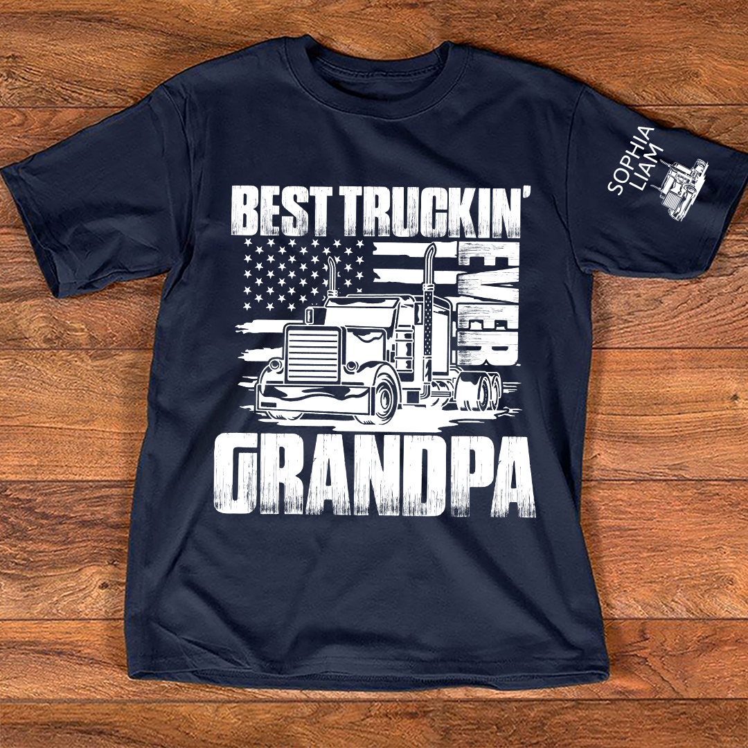 Personalized Best Truckin' Grandpa Ever, 4th July Independence Day American Flag T-Shirt For Gift Grandpa And Kids