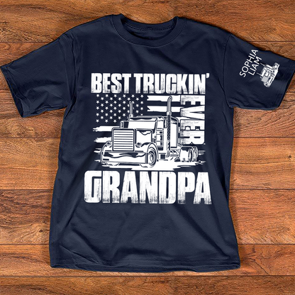 Personalized Best Truckin' Grandpa Ever, 4th July Independence Day American Flag T-Shirt For Gift Grandpa And Kids