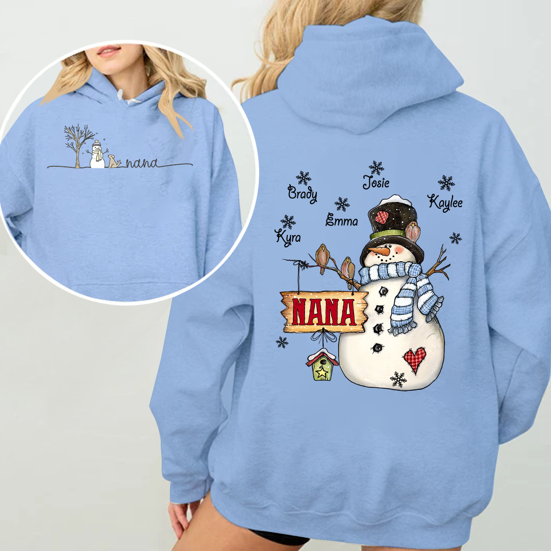 Custom Nana Snowman Hoodie - Personalized Grandma Christmas Sweatshirt with Grandkids' Names - Cozy Winter Holiday Gift