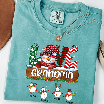 Comfort Colors® Personalized Grandma Christmas Shirt with Snowman and Kids’ Names