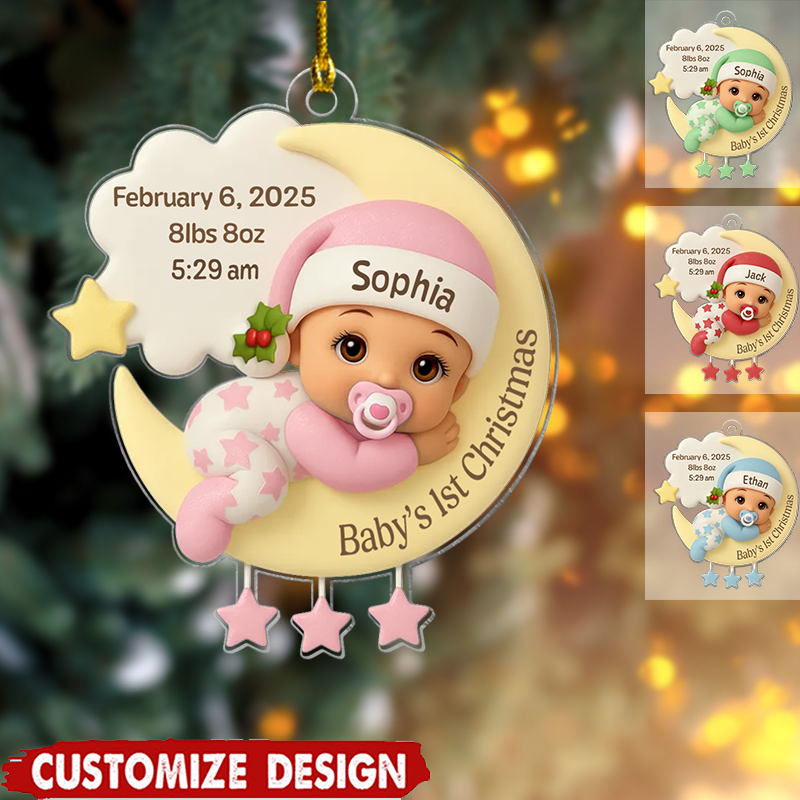 Personalized Baby In The Moon First Christmas Ornament 2025, Custom Acrylic Decoration, Heartwarming Newborn Keepsake Gift For New Parents Ornament