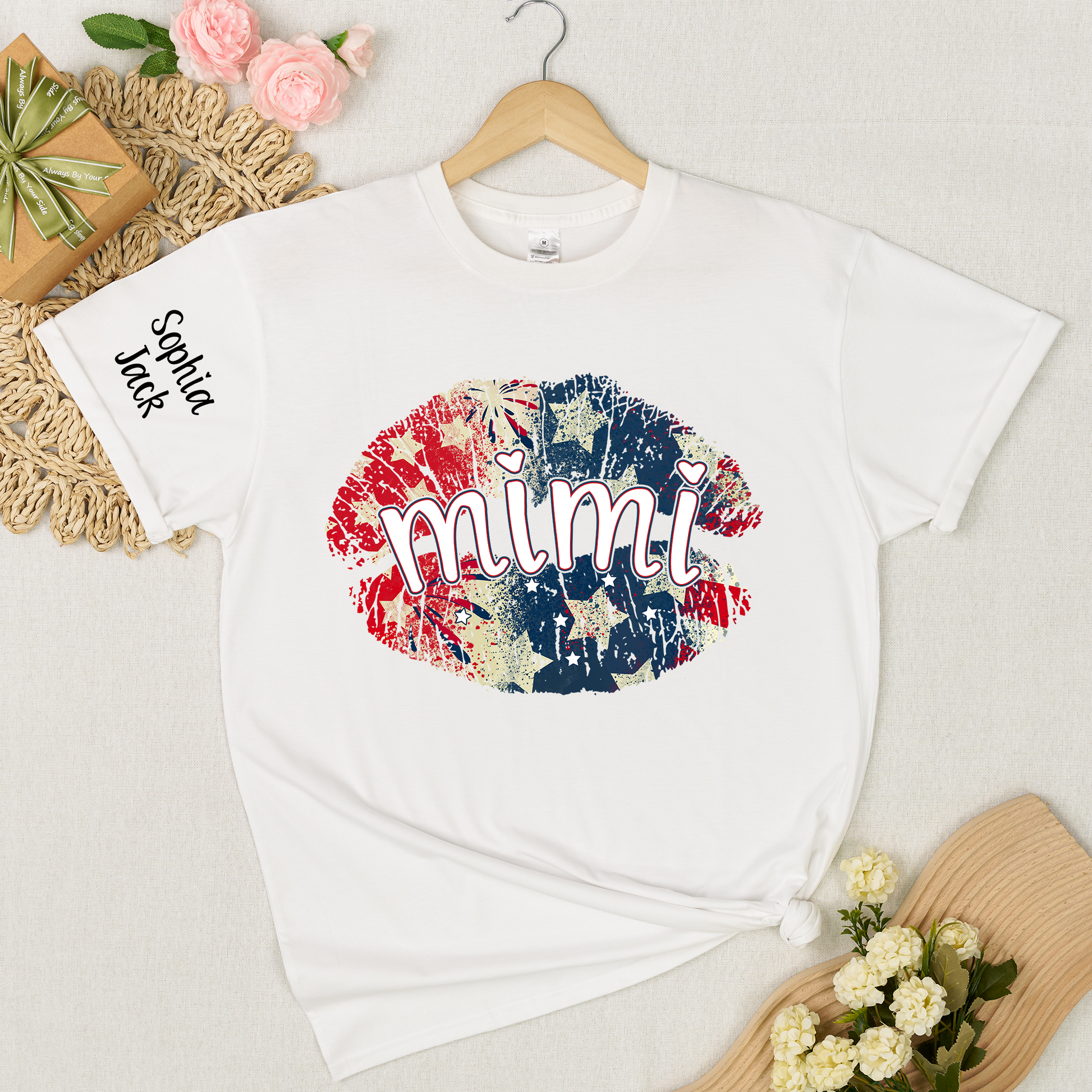Personalized Mimi Gigi Nana Grandma Patriotic Lips Shirt Custom Kids Names Sleeve Red White Blue America Pride Graphic Tee Women Family Celebration Fourth of July Patriotic Lips Design Top