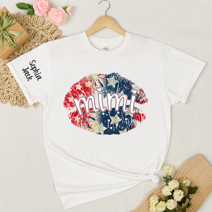 Personalized Mimi Gigi Nana Grandma Patriotic Lips Shirt Custom Kids Names Sleeve Red White Blue America Pride Graphic Tee Women Family Celebration Fourth of July Patriotic Lips Design Top