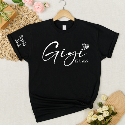 Personalized Gigi EST. 2025 T-Shirt with Custom Names for Family - Unique Gift for Grandma, Mom, or Loved Ones