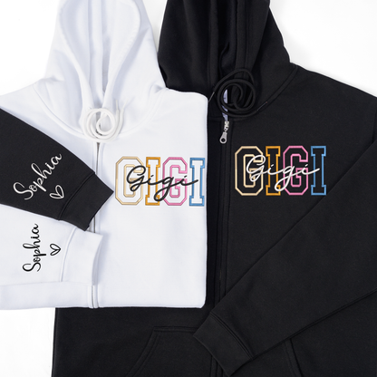 Personalized GIGI Zip Hoodie, Custom Grandma Name Sweatshirt with Sleeve Script, Oversized Full Zip Hoodie for Women, Cozy Casual Family Apparel
