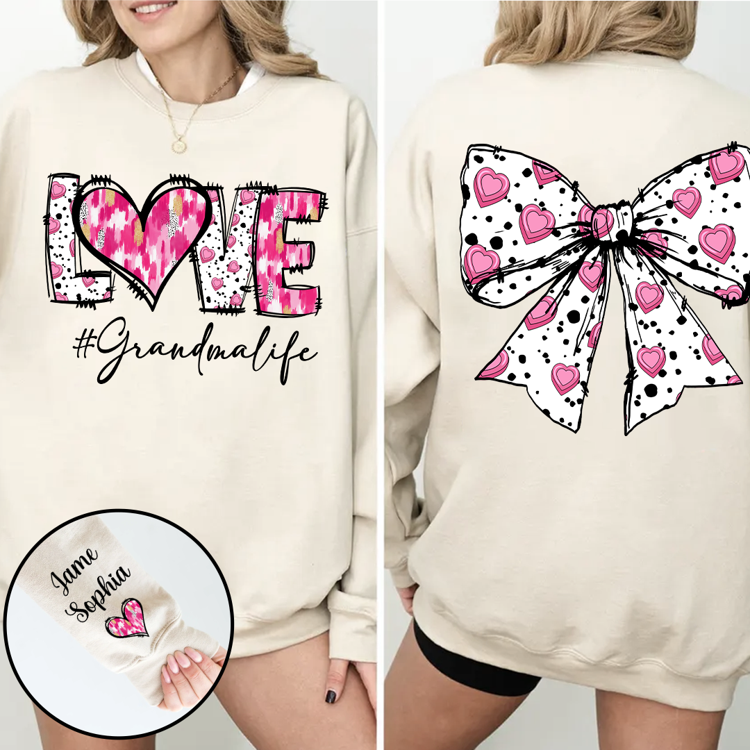 Custom LOVE Grandma Sweatshirt with Pink Heart Bow Design - Personalized with Grandkids' Names - Thoughtful Gift for Grandmothers
