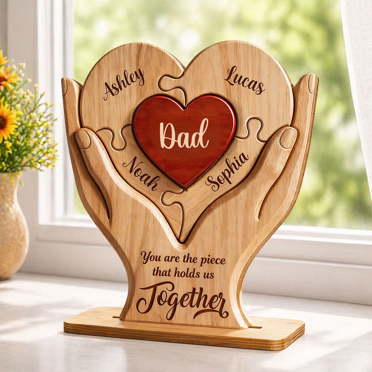 Personalized Wooden Puzzle Plaque for Dad – Custom Family Name Heart Sign, Father’s Day Gift from Kids 2-Layered Wooden Plaque
