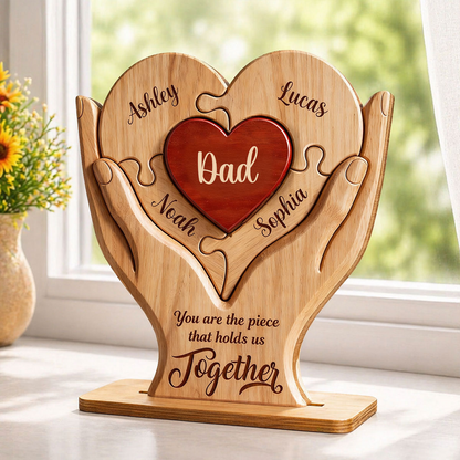 Personalized Wooden Puzzle Plaque for Dad – Custom Family Name Heart Sign, Father’s Day Gift from Kids 2-Layered Wooden Plaque