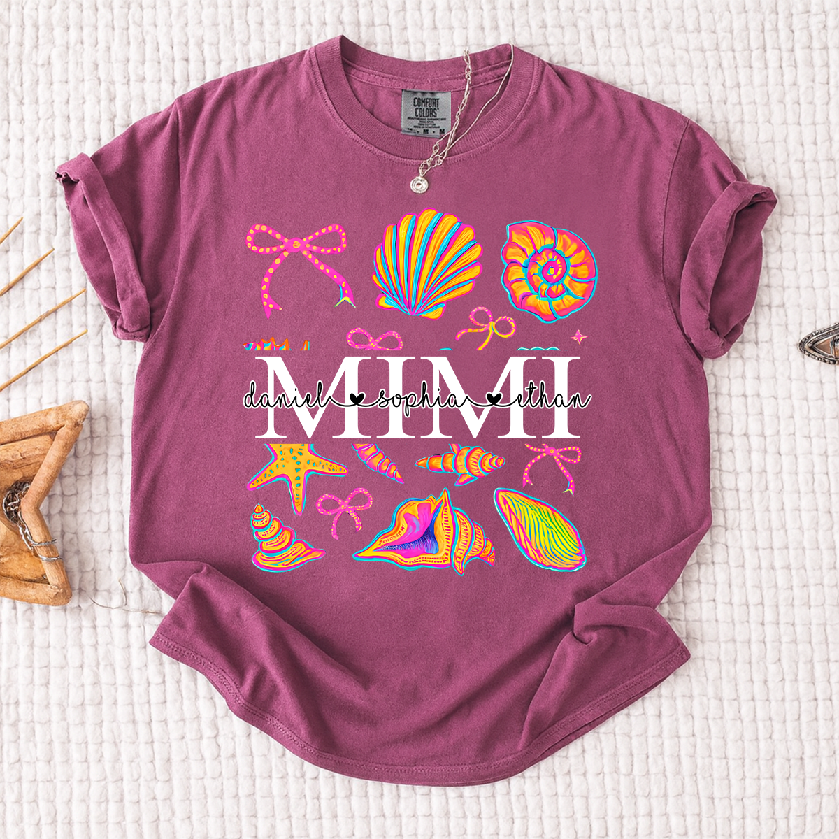 Comfort Colors Personalized Mimi Shirt with Names, Vibrant Seashell Beach Design Tee, Summer Family Gathering Outfit for Women