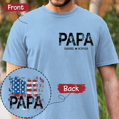 Personalized Grandpa Papa Shirt American Flag Print, Custom Family Names Gift for Father’s Day