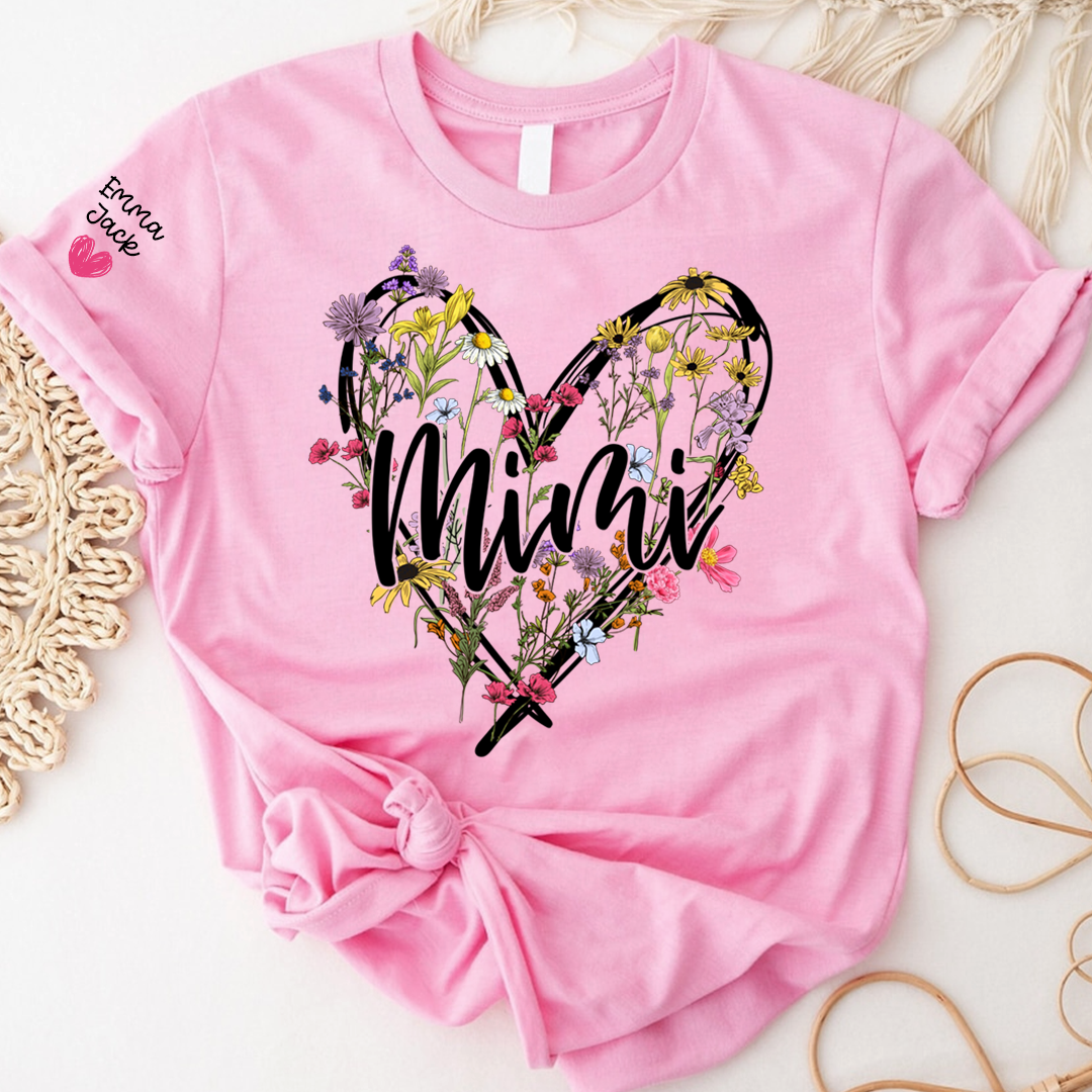 Personalized Mimi Shirt with Grandkids Names, Floral Heart Design Family Tee