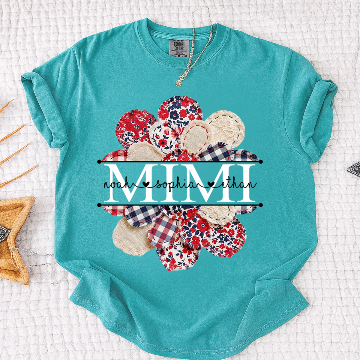 Comfort Colors Custom Mimi T-shirt with Grandkids Names, Red and Blue Floral Patchwork