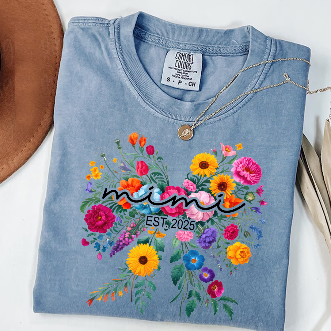 Comfort Colors® Mimi Bow Flower Est T-Shirt, Custom Grandma With Grandkids Shirt