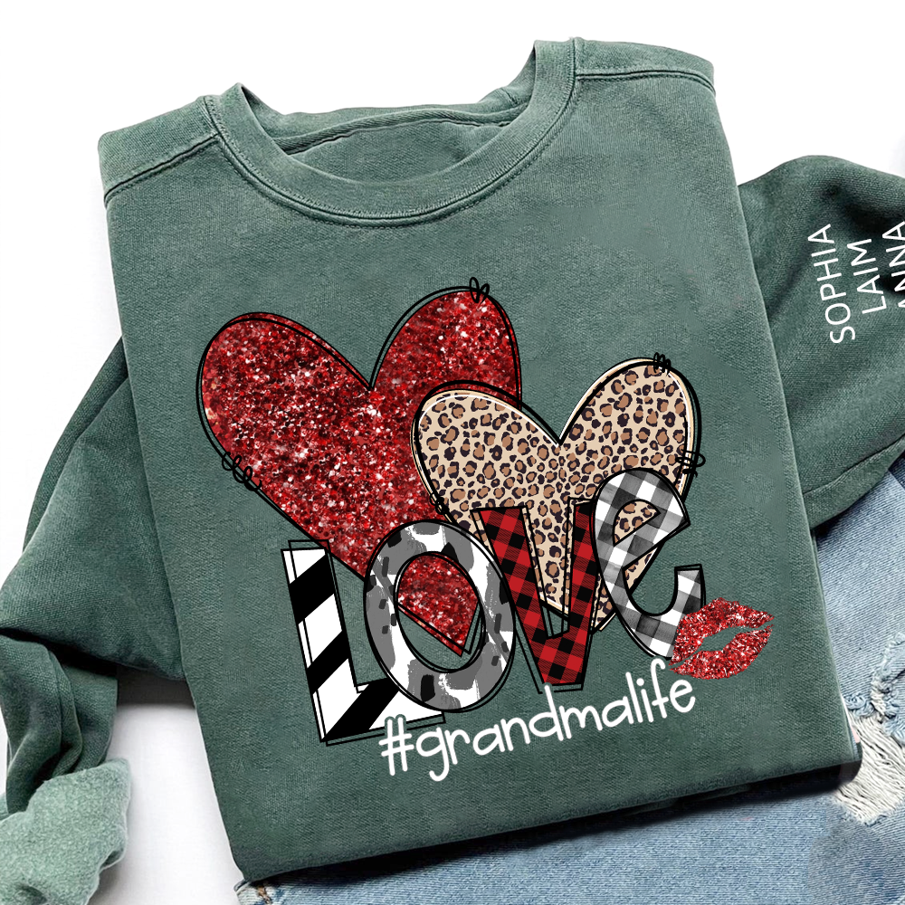 Custom Grandma Life Love Sweatshirt, Leopard & Glitter Heart Design For Grandma And Kids