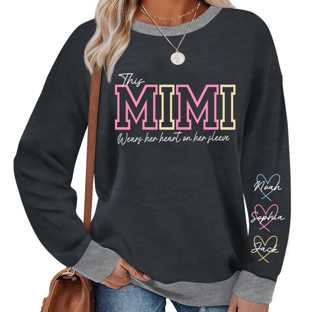 This Mimi Wears Her Heart On Her Sleeve – Personalized Sweatshirt with Grandkids’ Names, Custom Gift for Grandma, Nana & Gigi
