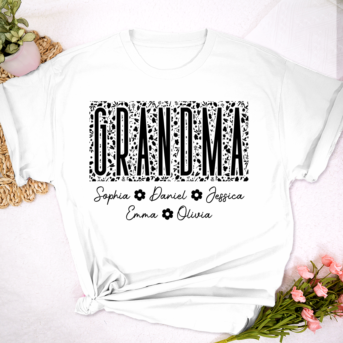 Custom Grandma Floral Shirt, Personalized Names of Grandchildren T Shirt, Meaningful Family Gift for Grandma