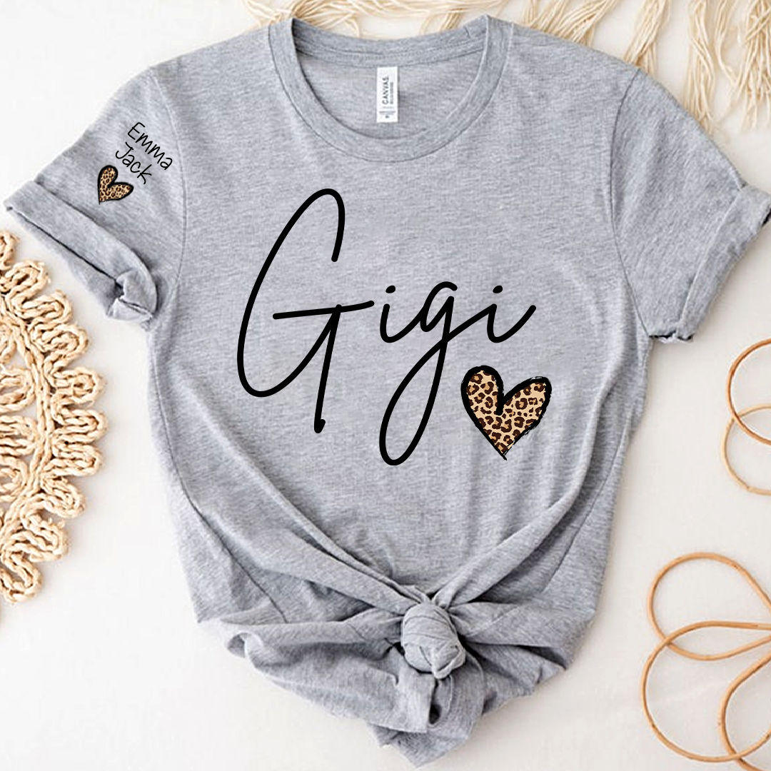 Gigi Shirt for Grandma, Personalized Custom Name Tee with Leopard Print Heart Design
