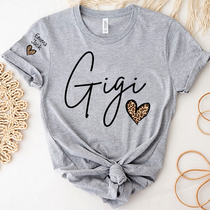 Gigi Shirt for Grandma, Personalized Custom Name Tee with Leopard Print Heart Design