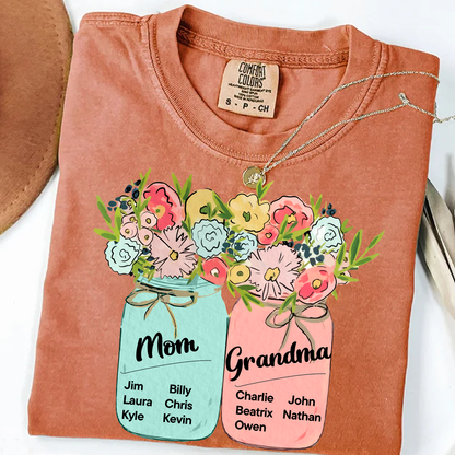 Comfort Colors® Mom & Grandma Kids Flower T-Shirt, Custom Family Names with Floral Design, Perfect Gift for Mom and Grandma
